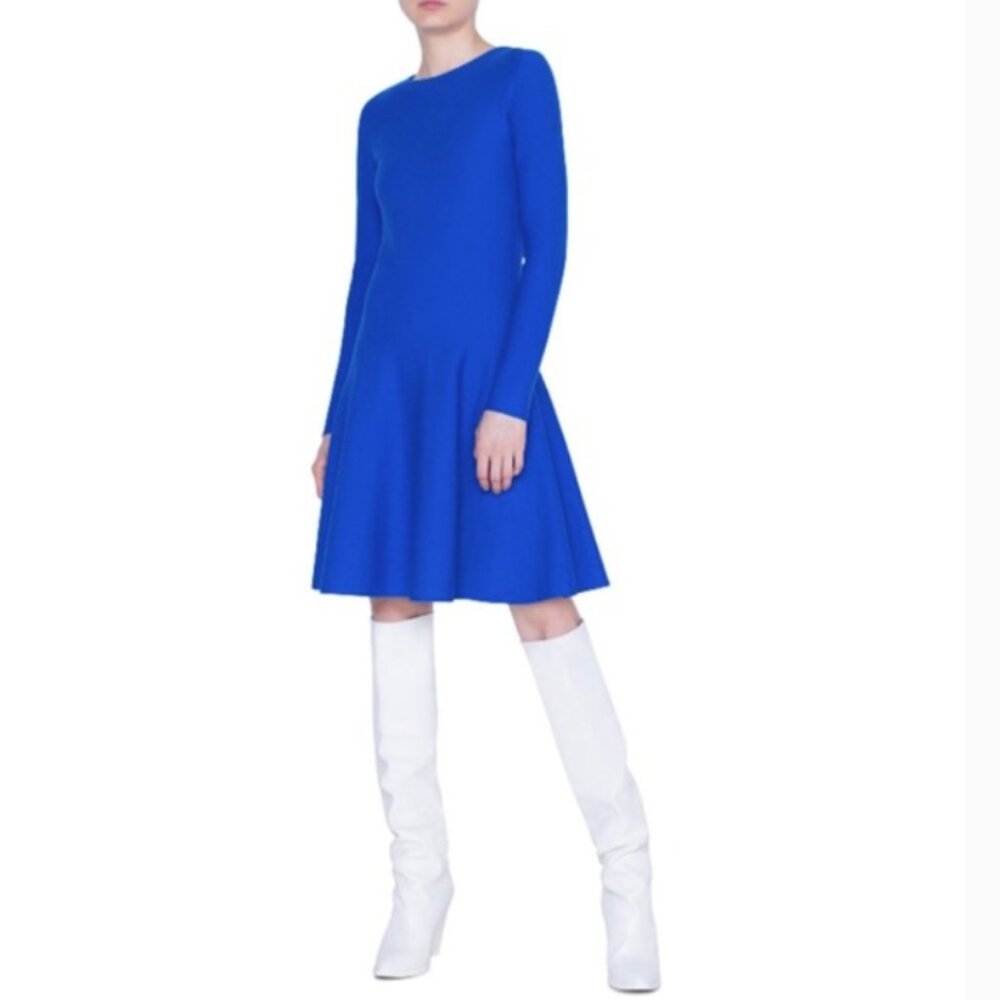 Akris Punto Wool Long Sleeve Knit Dress Electric Blue Size 12 Career